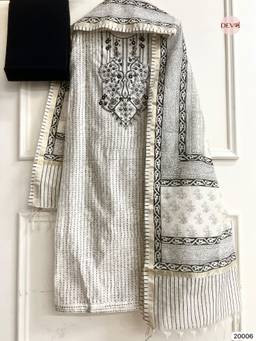 DEVRI - Black and White Pure Linen Cotton Embroidered Unstitched Kurta with Pant and Dupatta