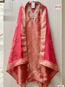 DEVRI - Coral Pink Tissue Jacquard Semi-Stitched 3-Piece Suit Dress Material