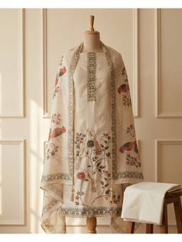 DEVRI - Ivory Linen Cotton Unstitched Kurta with Pant and Dupatta