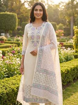 DEVRI - Ivory Pure Linen Embroidered Unstitched Kurta with Pant and Dupatta