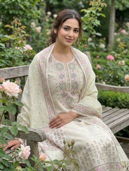 DEVRI - Ivory Pure Linen Embroidered Unstitched Kurta with Pant and Dupatta