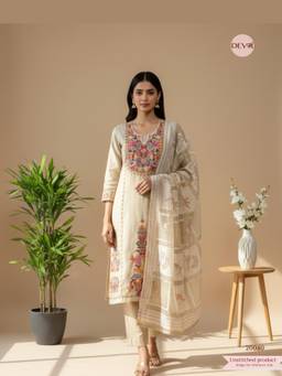 DEVRI - Beige Mul Chanderi Embroidered Unstitched Kurta with Pant and Dupatta