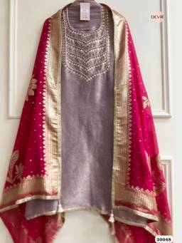 DEVRI - Dusty Mauve Pure Tissue Embroidered Unstitched Kurta with Pant and Dupatta