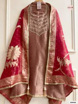 DEVRI - Peach Blush Pure Tissue Semi-Stitched 3-Piece Dress Material