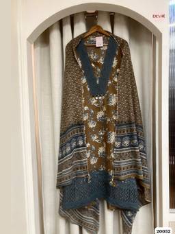 DEVRI - Brown Pure Cotton Semi-Stitched 3-Piece Dress Material