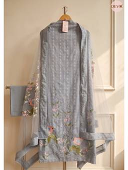 DEVRI - Grey Pure Cotton Printed Unstitched Kurta with Pant and Dupatta