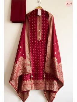 DEVRI - Maroon Pure Viscose Dola Silk Unstitched Kurta with Pant and Dupatta