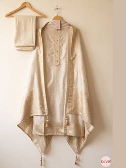 DEVRI - Cream Pure Viscose Dola Silk Unstitched Kurta with Pant and Dupatta