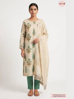DEVRI - Beige Mul Chanderi Printed Unstitched Kurta with Pant and Dupatta