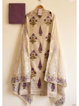 DEVRI - Beige Mul Chanderi Printed Unstitched Kurta with Pant and Dupatta