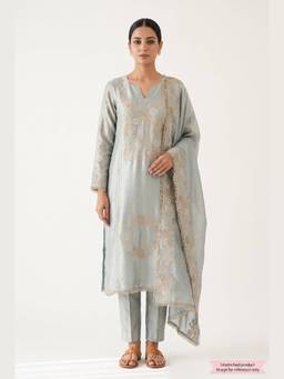 DEVRI - Blue Pure Giraffe Silk Embroidered Unstitched Kurta with Pant and Dupatta