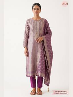 DEVRI - Purple Pure Giraffe Banarasi Silk Embroidered Unstitched Kurta with Pant and Dupatta