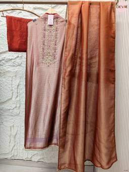 DEVRI - Rust Pure Giraffe Banarasi Silk Unstitched Kurta with Pant and Dupatta