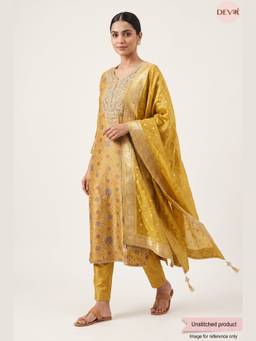 DEVRI - Mustard Pure Banarasi Woven Silk Printed Unstitched Kurta with Pant and Dupatta