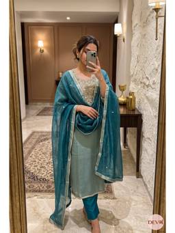 DEVRI - Teal Pure Tissue Silk Unstitched Kurta with Pant and Dupatta