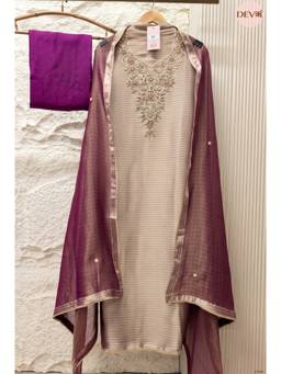 DEVRI - Purple Pure Tissue Silk Semi-Stitched 3-Piece Dress Material