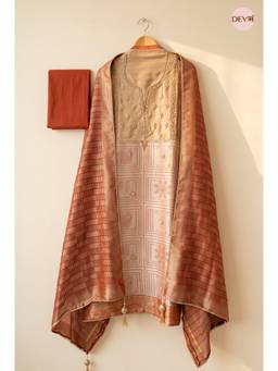 DEVRI - Beige Pure Girafe Banarasi Silk Unstitched Kurta with Pant and Dupatta