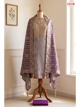 DEVRI - Mauve Pure Girafe Banarasi Silk Printed Unstitched Kurta with Pant and Dupatta
