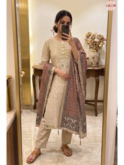 DEVRI - Cream Pure Chanderi Unstitched Kurta with Pant and Dupatta