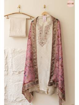DEVRI - Cream Pure Banarasi Woven Silk Semi-Stitched 3-Piece Dress Material