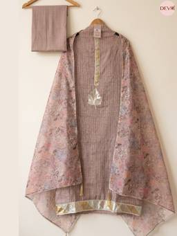 DEVRI - Taupe Pure Chanderi Printed Unstitched Kurta with Pant and Dupatta