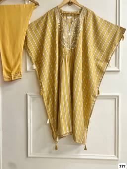 DEVRI - Yellow Stitched Kaftan with Dupatta Kurta with Pant and Dupatta
