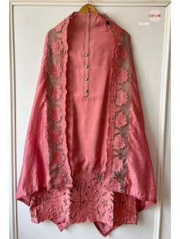 DEVRI - Pink Soft Modal Silk Cutwork Unstitched Kurta with Pant and Dupatta