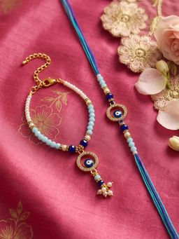 NVR - Chandan Blue Evil Eye Gold Toned Beaded Bhaiya Bhabhi Rakhis (Pack of 2)