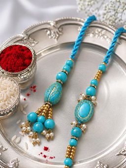 NVR - Chandan Turquoise Blue Artificial Beads Bhaiya Bhabhi Rakhis
