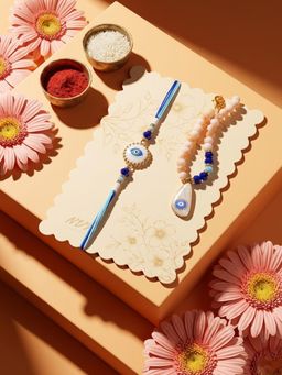 NVR - Chandan Gold Toned Evil Eye Beaded Bhaiya Bhabhi Rakhis (Pack of 2)