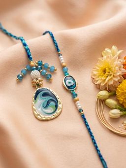 NVR - Blue Evil Eye Traditional Gold Toned Bhaiya Bhabhi Rakhis