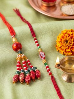NVR - Chandan Designer Red Artificial Beads Bhaiya Bhabhi Rakhis