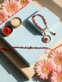 NVR - Chandan Gold Toned Red Artificial Beads Bhaiya Bhabhi Rakhis (Pack of 2)