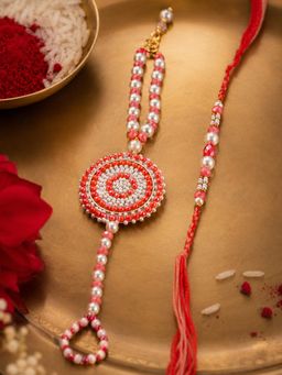 NVR - Peach Gold Toned Pearls & Beads Round Shape Bhaiya Bhabhi Rakhis