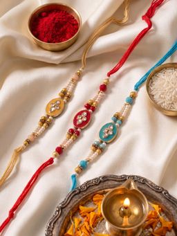 NVR - Multi-Color Artificial Beads & White Pearls Thread Rakhis (Pack of 3)