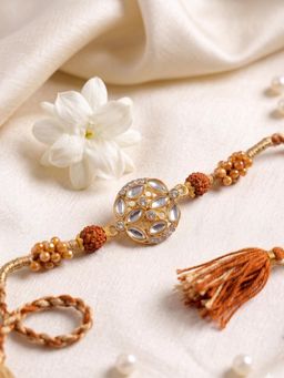 NVR - Rudraksh & Kundan Studded Gold Toned Thread Rakhi