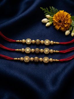 NVR - Red & Gold Toned Artificial Stones & Beads Thread Rakhis (Pack of 3)