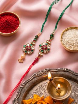 NVR - Chandan Floral Design Kundan Studded Bhaiya Bhabhi Rakhis (Pack of 2)
