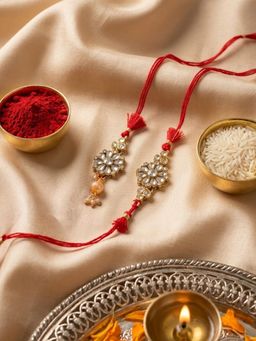 NVR - Red Kundan Studded Floral Design Bhaiya Bhabhi Rakhis