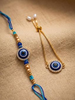 NVR - Blue Evil Eye Gold Toned Bhaiya Bhabhi Rakhis (Pack of 2)