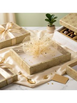 Awestuffs - Decorative Folding Gift Boxes Gold with Net and Tie Ribbon (Pack of 2)