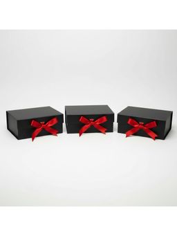 Awestuffs - Black with Red Elegant Folding Gift Boxes with Ribbon (Pack of 3)
