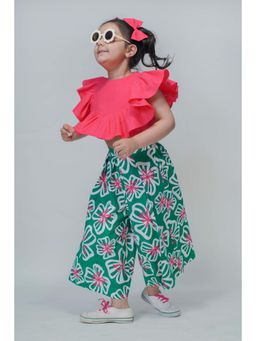 TIBER TABER - Girls Culottes Pant Ruffle Top - Green & Pink (Set of 2)