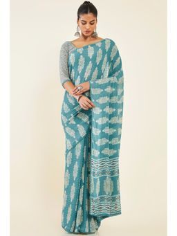 Soch - Women Teal Chiffon Printed Saree with Unstitched Blouse