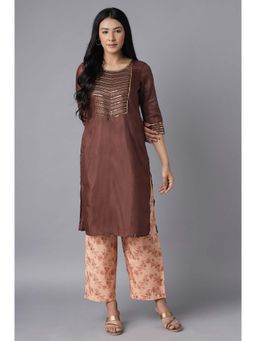 Aurelia - Aure Collection By Aurelia Brown Embroidered Kurta-Peach Culottes (Set of 2)