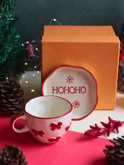 WEAVING HOMES - White Bow Cup & Hohoho Handmade Dessert Plate