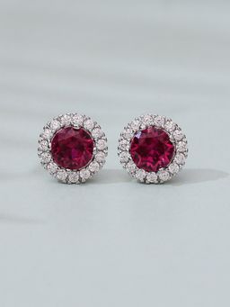 Ornate Jewels - 925 Sterling Silver Round Red Ruby and American Diamond Halo Stud Earrings for Women Girls One Size