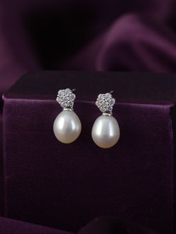 Ornate Jewels - 925 Sterling Silver Natural Pearl and American Diamond Stud Earrings for Women Girls One Size