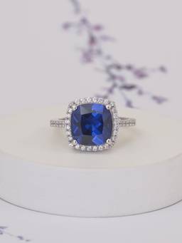 Ornate Jewels - 925 Sterling Silver Cushion Cut Blue Sapphire and American Diamond Cocktail Ring for Women Girls