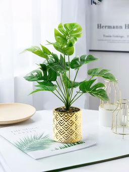 UMAI - Artificial Plant Green Leaves with Electroplated Cement Pot